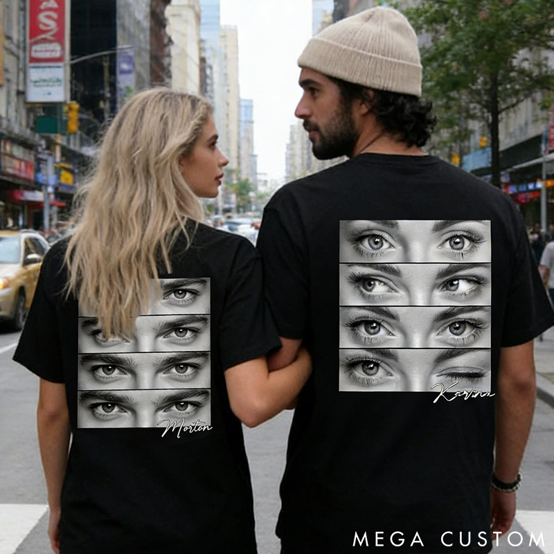 Personalized Couple Human Eyes Photo Classic T-Shirts Custom Girlfriend Boyfriend Eye Love You Shirts with Name Anniversary Gift Valentine's Day Gift