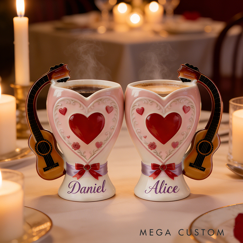 Personalized Valentine Guitar Handle Heart Mugs Set – Custom Name Couple Coffee Mugs