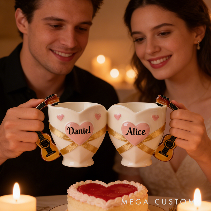 Personalized Couple Guitar Handle Heart Mugs – Custom Name Valentine’s Day Ceramic Mug Set