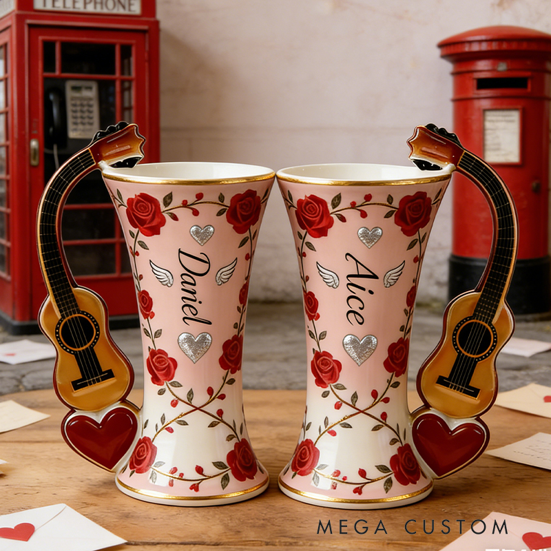 Personalized Rose & Guitar Handle Couple Vases – Custom Name Valentine’s Day Ceramic Vase Set