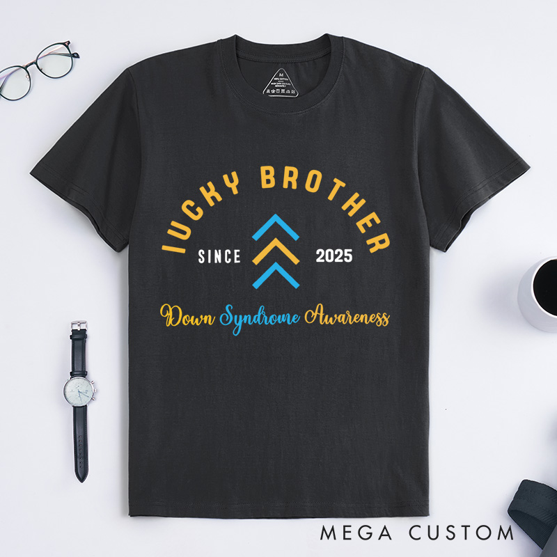 Personalized Lucky Brother Arrows and Text Design Supporting Down Syndrome Awareness and Love T-shirt