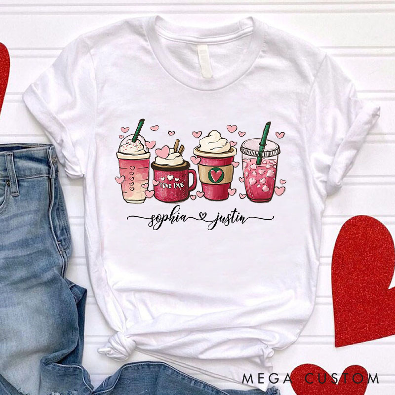 Personalized Couple Coffee Cup and Heart Matching T-Shirt with Name Valentine's Day T-Shirt for Husband Wife Boyfriend Girlfriend Gift for Hubby Wifey