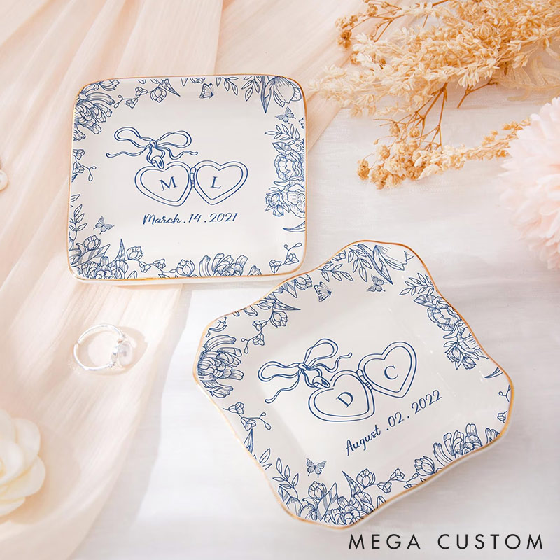 Personalized Heart Flower Ceramic Trinket Jewelry Dish with Initial and Date Toile De Jouy Ring Dish Valentine's Gift for Wife Anniversary Gift for Girlfriend