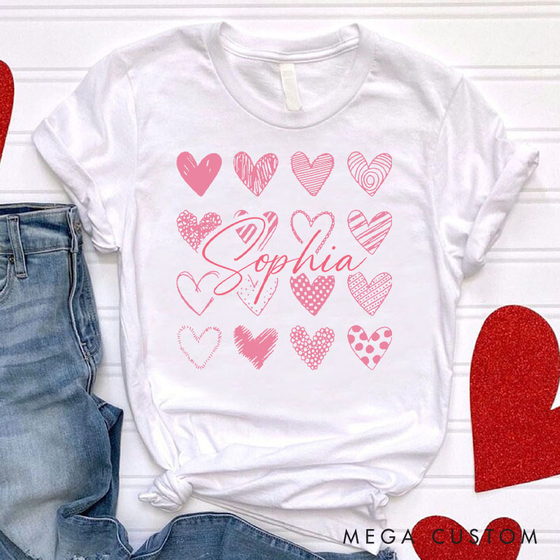 Personalized Couple Sweet Pink Hearts Matching T-Shirt with Name Valentine's Day T-Shirt for Husband Wife Boyfriend Girlfriend Gift for Hubby Wifey
