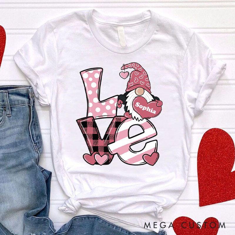 Personalized Couple Pink Love Gnome Holding Heart Matching T-Shirt Valentine's Day T-Shirt for Husband Wife Boyfriend Girlfriend Gift for Hubby Wifey