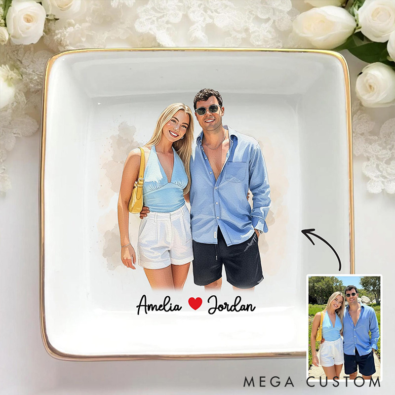 Personalized Heart Flower Ceramic Trinket Jewelry Dish with Initial and Date Toile De Jouy Ring Dish Valentine's Gift for Wife Anniversary Gift for Girlfriend