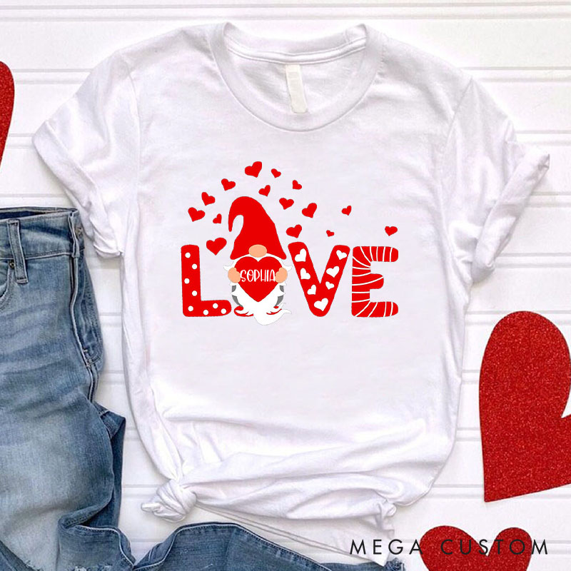 Personalized Couple Cute Love Gnome with Heart Matching T-Shirt Valentine's Day T-Shirt for Husband Wife Boyfriend Girlfriend Gift for Hubby Wifey