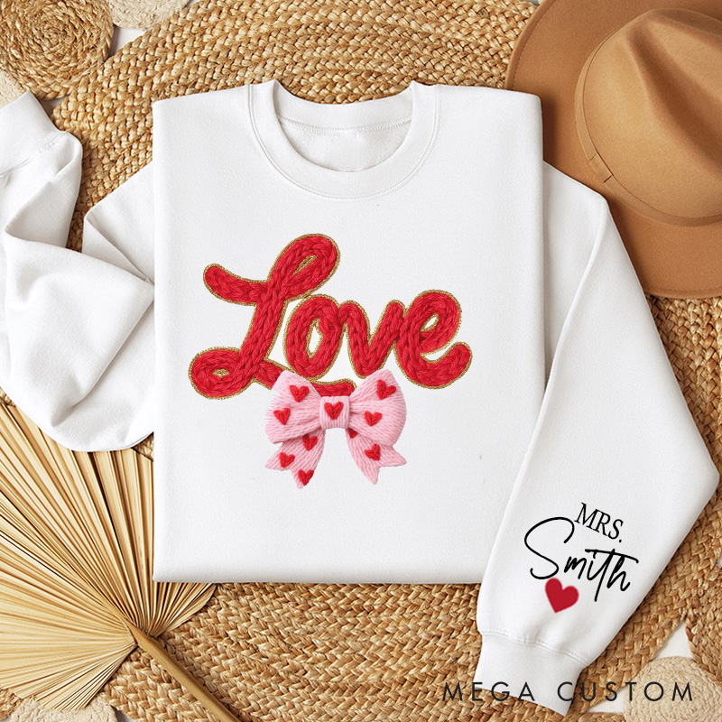 Personalized Girlfriend Wife Fur Thread Love with Bow Valentine's Day Sweatshirt with Name Valentine's Day Gift for Man Woman Anniversary Gift