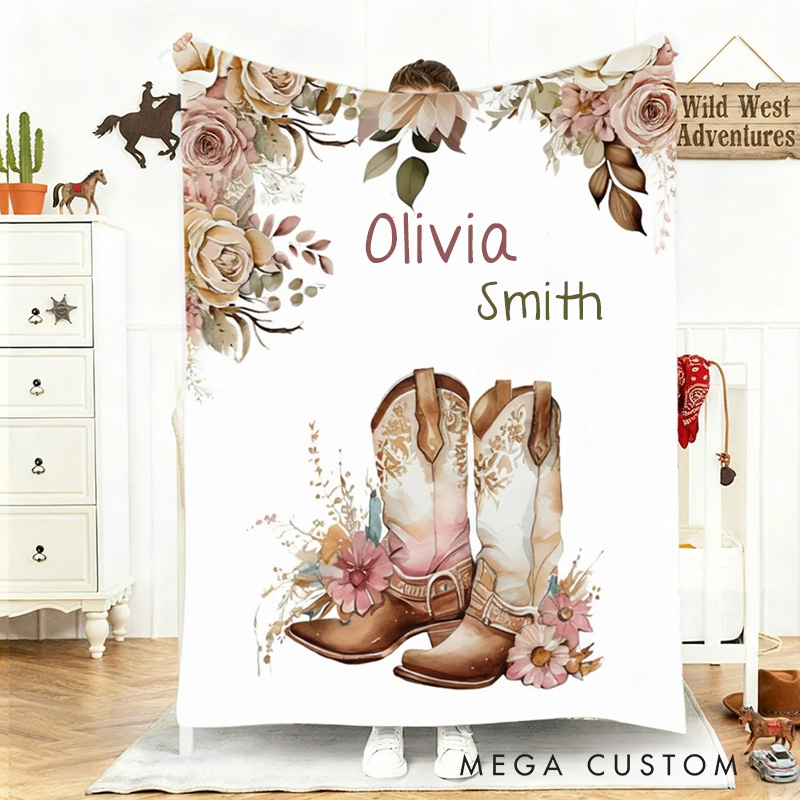 Personalized Floral Cowgirl Boots Western Soft Throw Blanket with Name Home Decor Western Nursery Birthday Gift for Cowgirls Friends Riding Lovers Equestrian Lovers