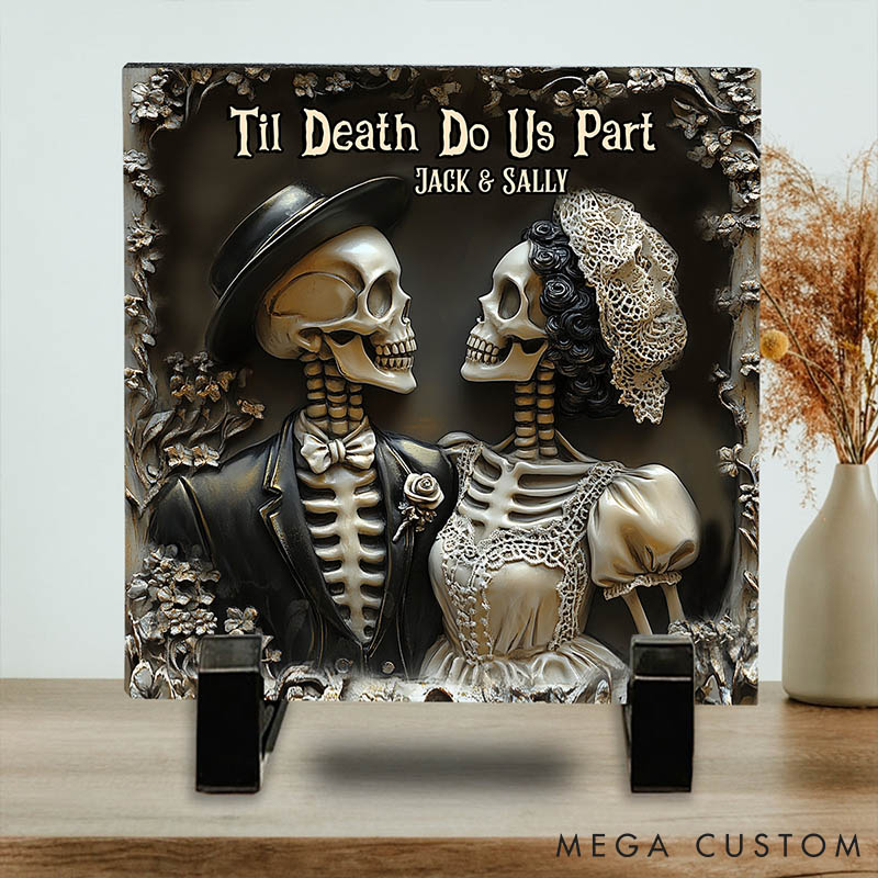 Personalized Skeleton Couple Til Death Do Us Part Rectangle Shaped Stone with Stand Skeleton Newlyweds Graphic 3D Print Stone Valentines Day Gift