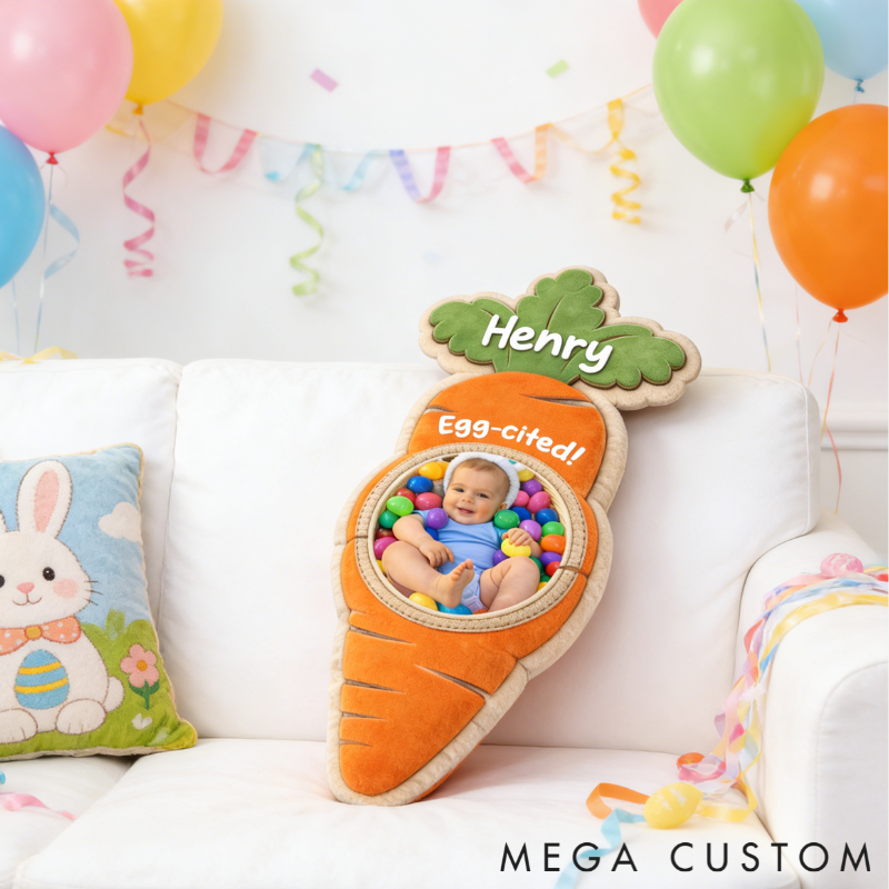 Personalized Funny Easter Carrot Shaped Pillow Custom Photo and Name Holiday Gift for Kids