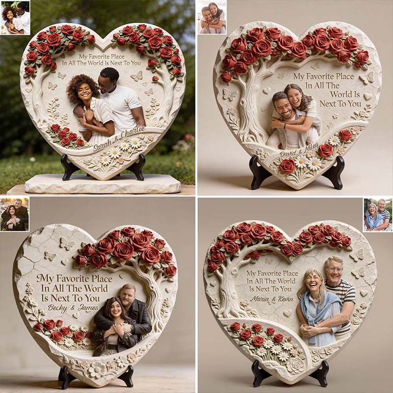Personalized Couple Photo My Favorite Place Is Next To You Heart Shaped Stone with Stand Custom Floral Tree 3D Effect Stone Valentines Day Gift