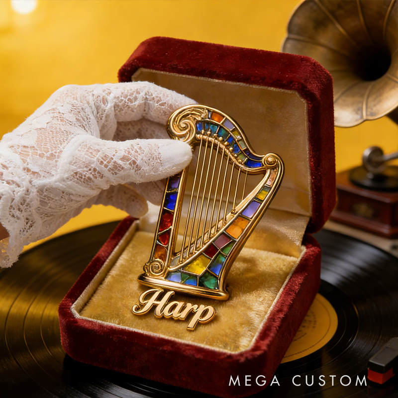 Personalized Harp-Inspired Custom Enamel Brooch Crafted From the Instrument of Your Choice