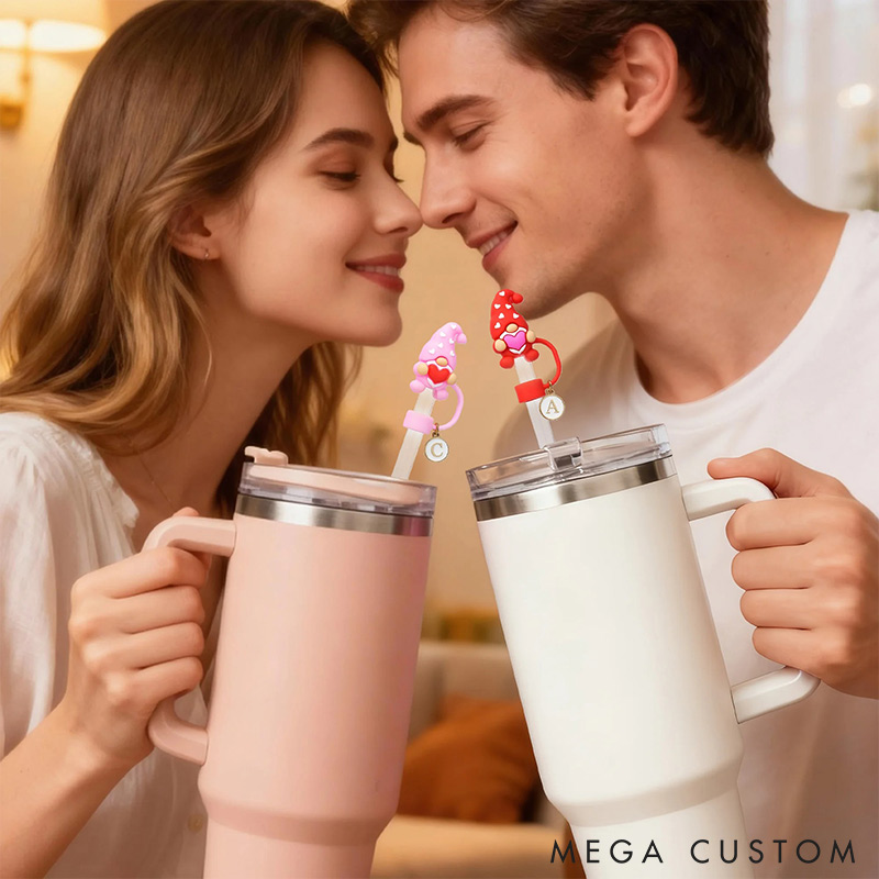 Personalized Gnome Heart Reusable Straw Topper with Initial Charm Accessory for Tumbler Valentine's Day Gift for Couple Unique Gift for Him Her