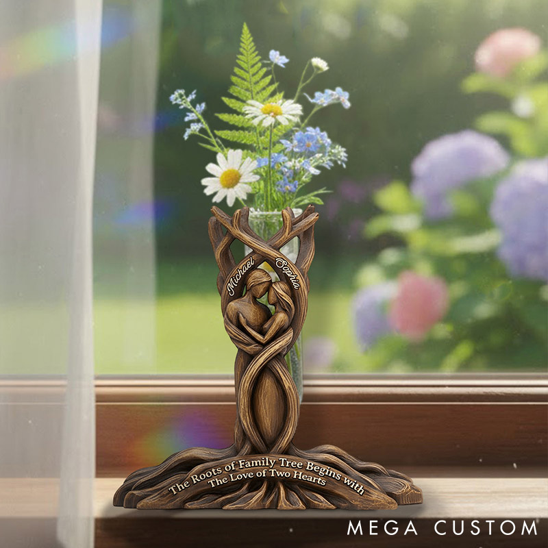 Personalized Couple The Roots of Family Tree Begins with The Love of Two Hearts Acrylic Flower Vase Imitation Wood 3D Effect Vase Valentines Day Gift