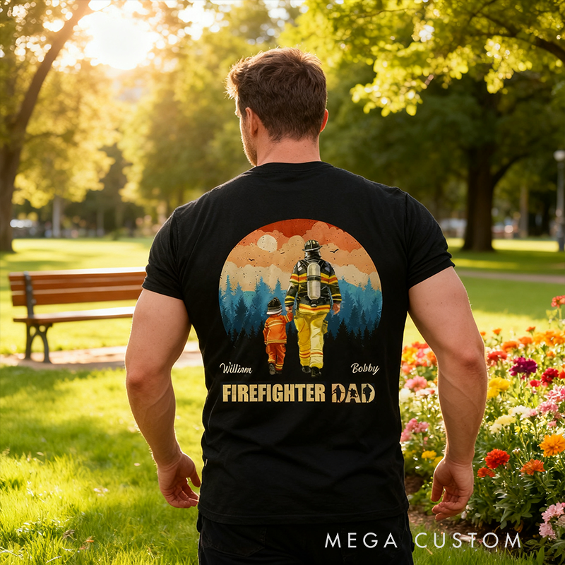Personalized Family Gifts Custom Name Firefighter Dad Shirt Father and Son Matching Tee Classic Fireman Theme T Shirt