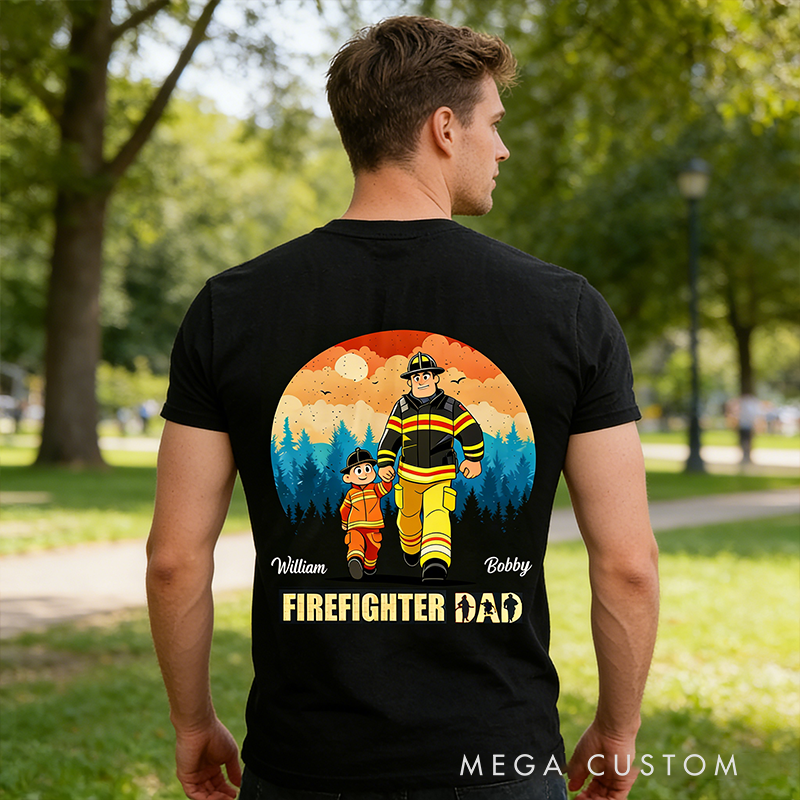 Personalized Family Gifts Custom Name Firefighter Dad Shirt Cartoon Father and Son Matching Tee Classic Fireman Theme T Shirt