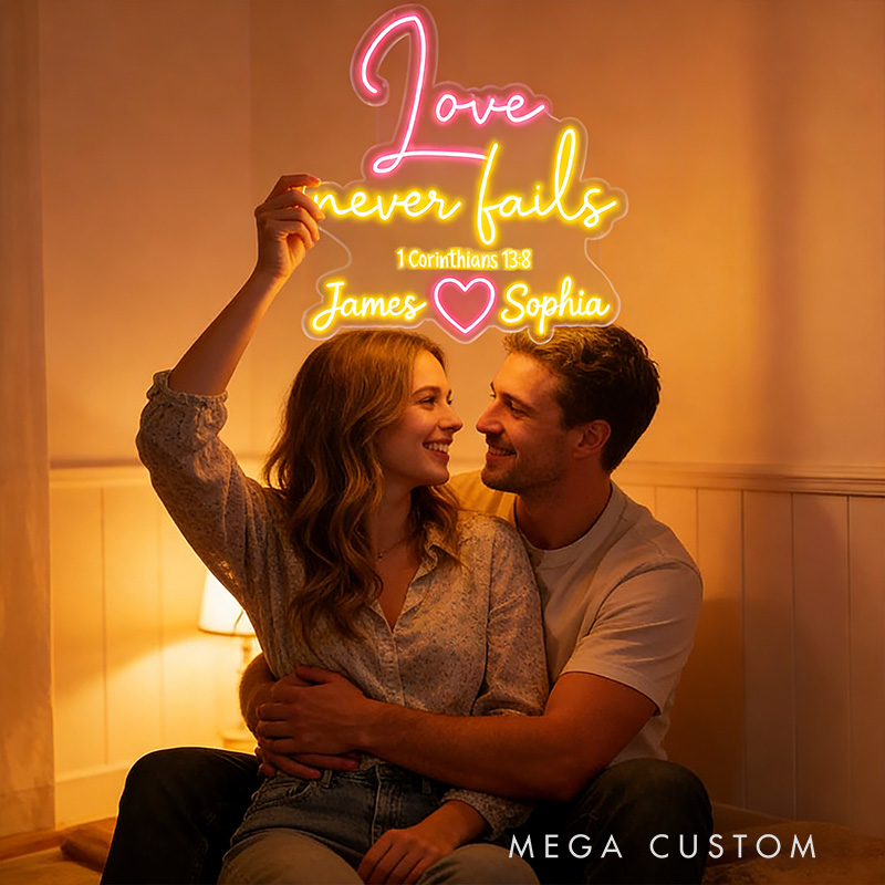 Personalized Love Never Fails Neon Sign with Custom Names Bible Verse Neon Sign Wedding Anniversary Gift Valentine's Day Decor Religious Gift for Couple