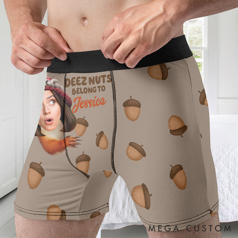 Personalized Girlfriend Wife Face Deez Nuts Belong To Her Boxer Briefs Men Underwear with Woman Face Photo Valentines Day Gift for Boyfriend Husband