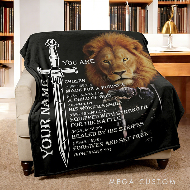 Personalized Lion of Judah You are Bible Verse Throw Blanket with Custom Name Cross Lion Home Decor Religious Gift Christian Gift for Men 