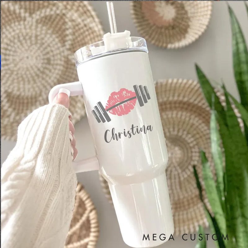 Personalized Kiss Barbell Workout Tumbler Lifting Girl Water Bottle Muscle Mommy Gift for Gym Lovers