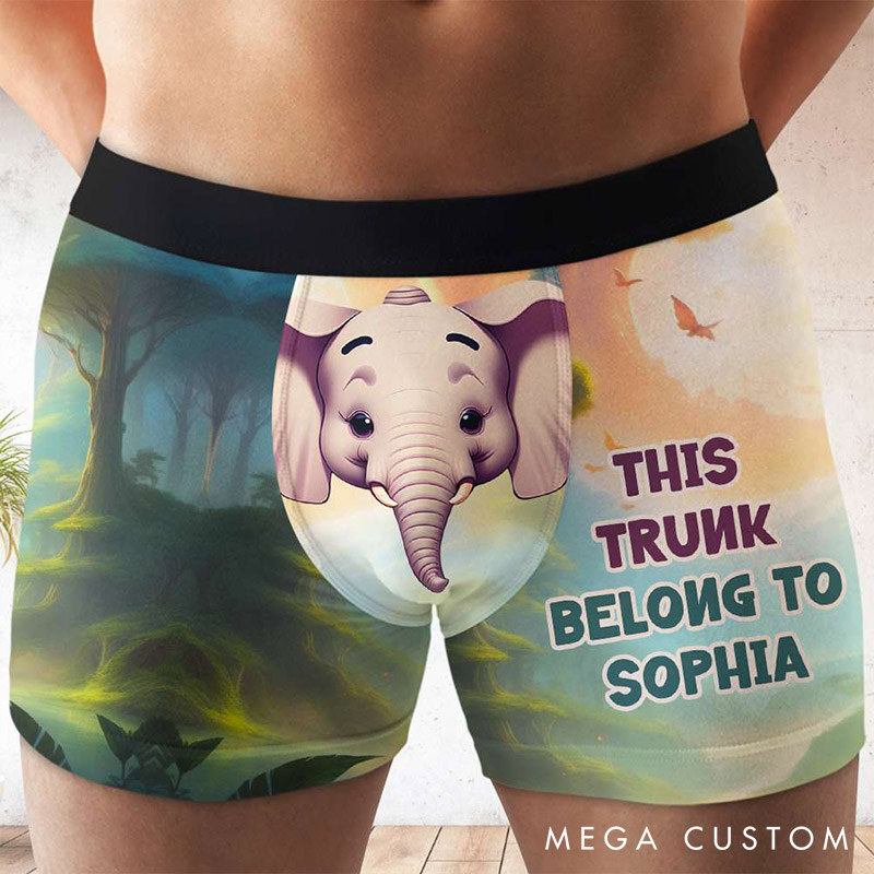 Personalized Man This Trunk Belong To Her Boxer Brief Custom Men Elephant Pattern Underwear with Woman Name Valentines Day Gift for Boyfriend Husband