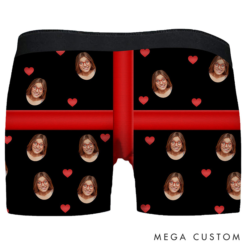 Personalized Girlfriend Wife Face Boxer Brief Red Bow Huge Gift For Her Men Underwear with Woman Face Photo Valentines Day Gift for Boyfriend Husband