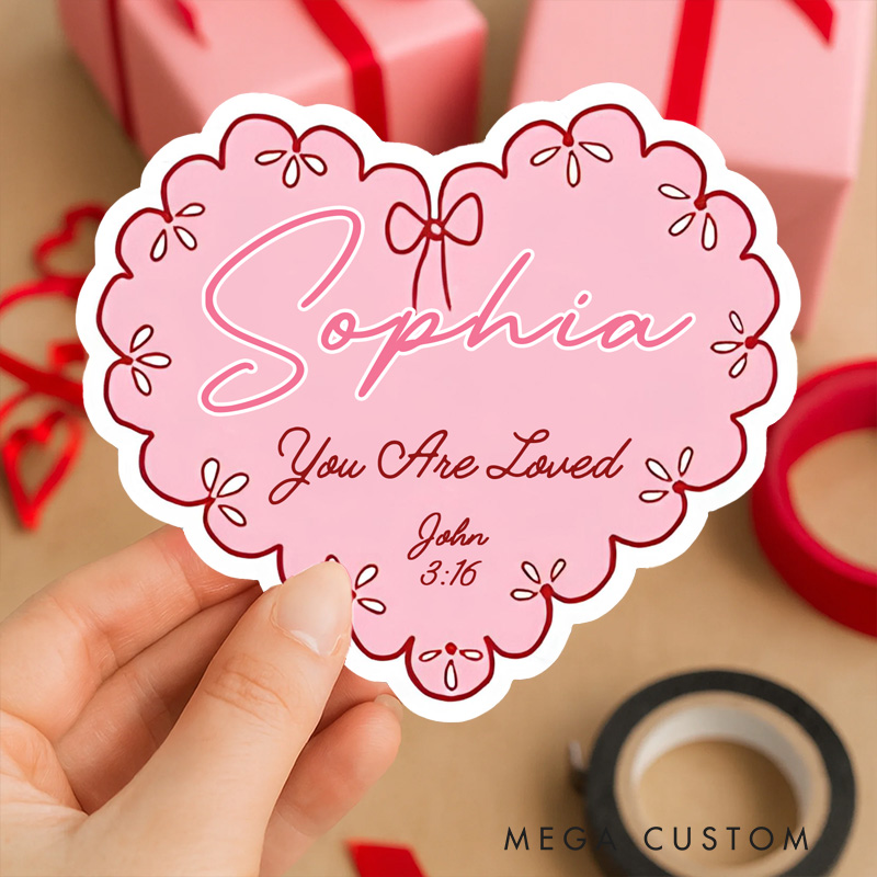 Personalized Pink Bow Heart you are Loved Bible Verse Stickers with Name Religious Gift Valentine's Day Gift for Couple Woman