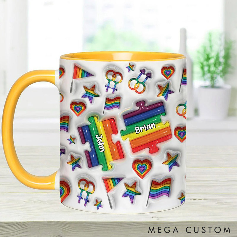 Personalized Rainbow Love is Love Mug Puzzle LGBT Couple Coffee Mug Imitation 3D Print Accent Mug Valentine's Gift for LGBT couple