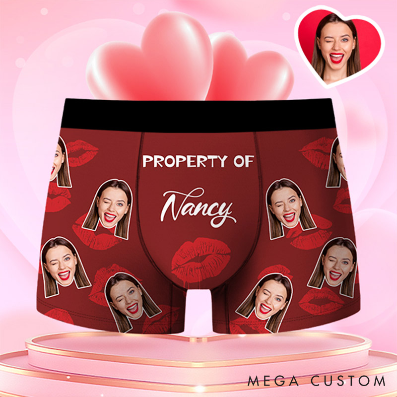 Personalized Girlfriend Wife Face Boxer Brief Red Lips Print Property of Her Men Underwear with Photo Valentines Day Gift for Boyfriend Husband