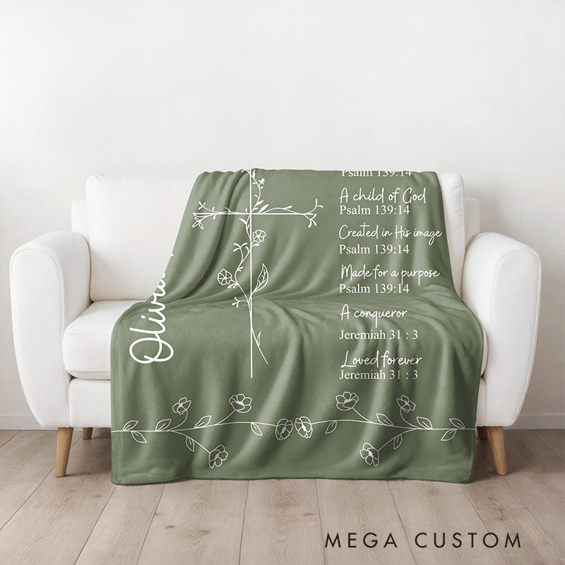 Personalized Bible Verse Throw Blanket with Custom Name Floral Cross Blanket Faith Home Decor Religious Gift Christian Gift for her 