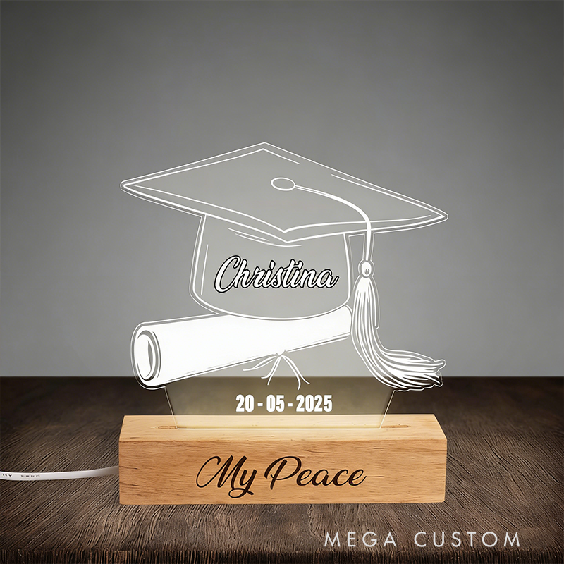 Personalized Graduation Gifts Custom Name and Year Acrylic Night Light Beech Wood LED Lamp for Students Graduation Decor