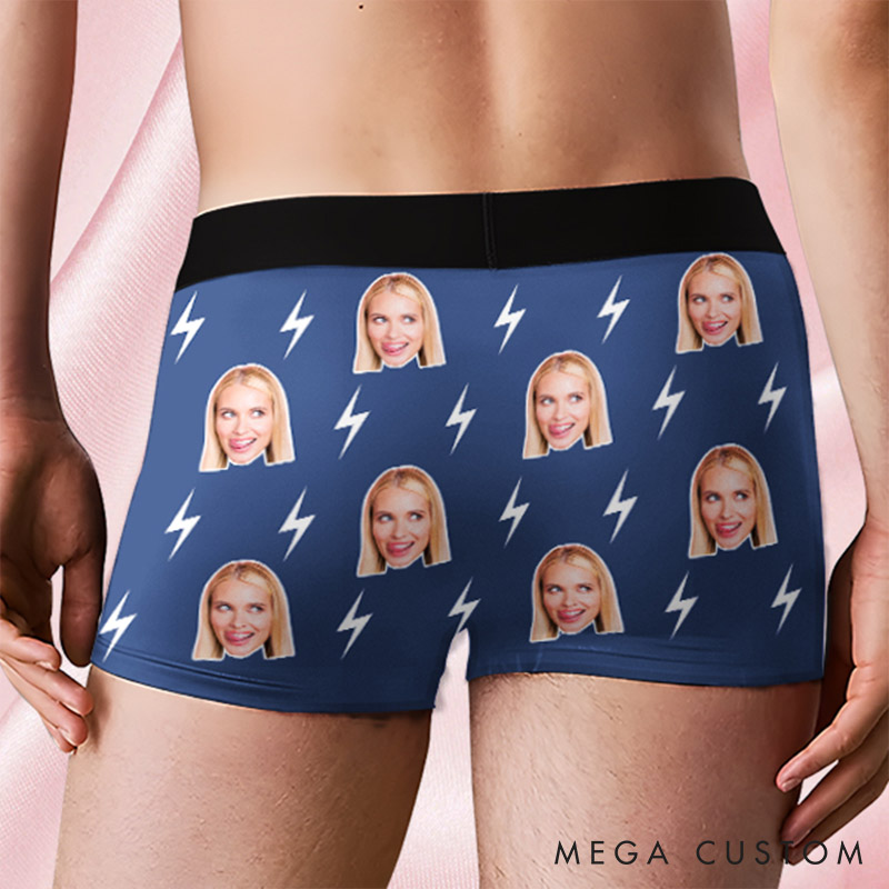 Personalized Girlfriend Wife Face Boxer Brief Lightning Print Men Underwear with Woman Face Photo Portrait Valentines Day Gift for Boyfriend Husband