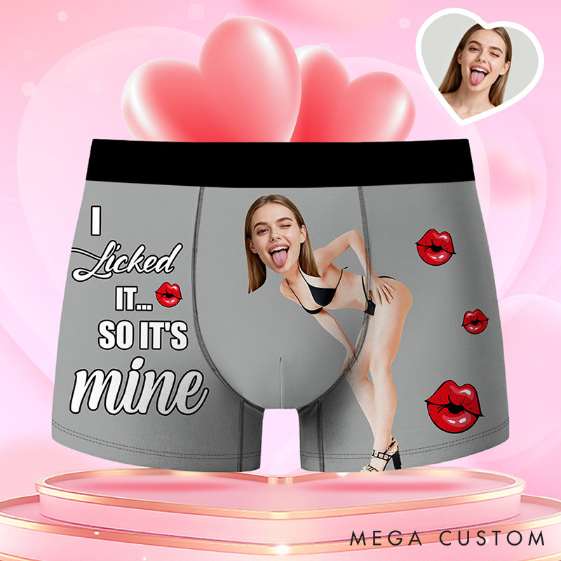 Personalized Girlfriend Wife Face Boxer Brief I Licked It So It's Mine Men Underwear with Woman Face Portrait Valentines Day Gift for Boyfriend Husband
