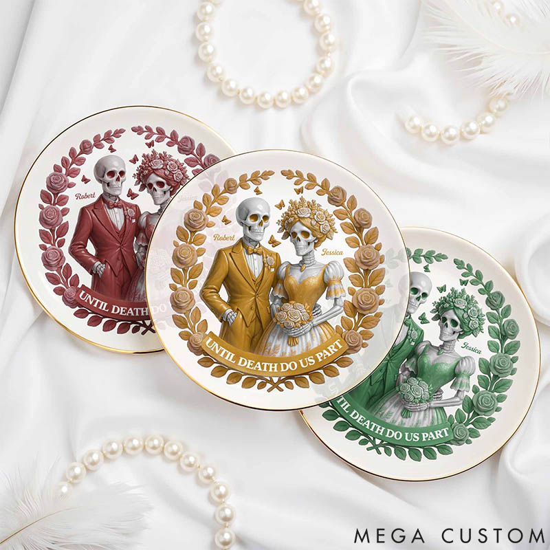 Personalized Skeleton Couple Until Death Do Us Part Round Shaped Ring Dish Skeleton Bride and Groom Ceramic Ring Dish Valentines Day Gift for Newlyweds