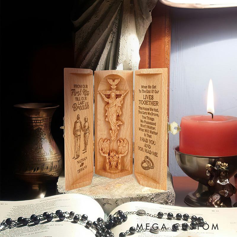 Personalized From Our First Kiss Till Our Last Breath Openable Wooden Cylinder Sculpture of Jesus Christ with Names Religious Gift for Couple