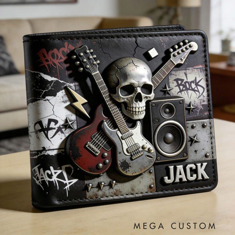 Personalized punk rock guitar and skull themed Leather Wallet Custom with Name Mens Wallet Gift For Him Husband Boyfriend Father Son Grandson