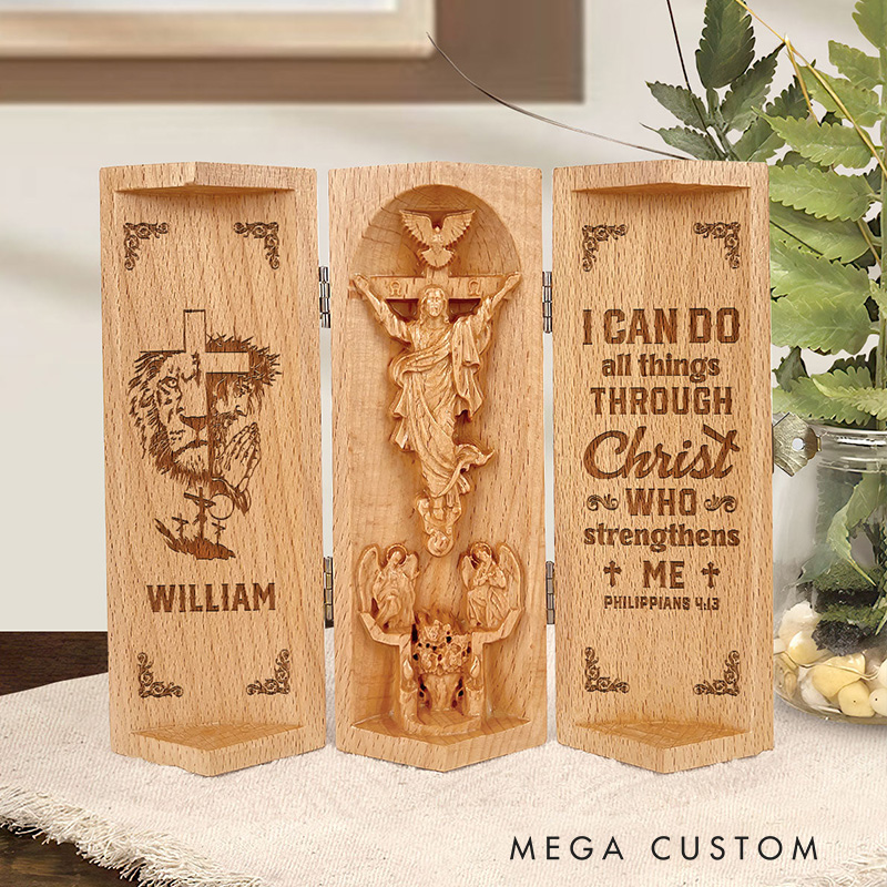 Personalized Bold Faith Strong Grace Lion of Judah Openable Wooden Cylinder Sculpture of Jesus Christ with Name Religious Gift for Christians