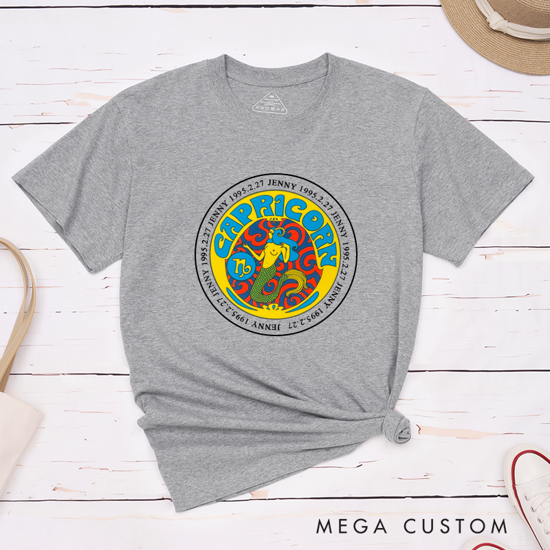 Personalized Capricorn Zodiac Classic T-Shirts Custom Name Birth Date Astrology Gift Unisex Unique Horoscope Tees for Men and Women Birthday Present 