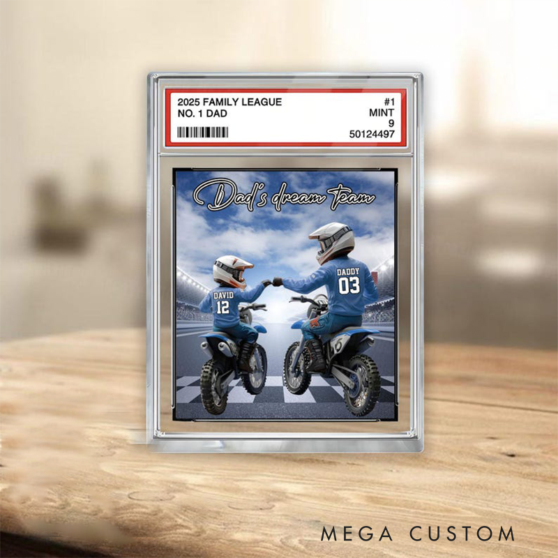 Personalized Fathers Day Gifts Motocross Dad and Kids Acrylic Plaque Trading Card Style Custom Name Motorcycle Decor for Dad or Husband