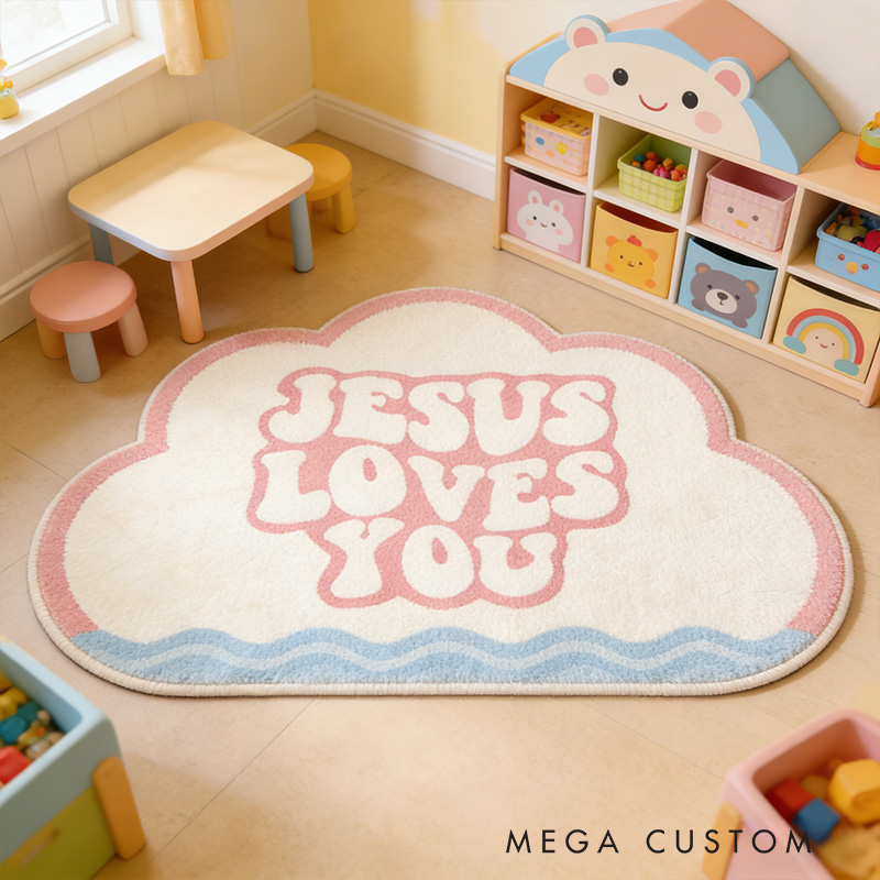 Personalize Jesus Loves you Christian Rug with Custom Name Vintage Rug Valentine Gift Religious Gift for her