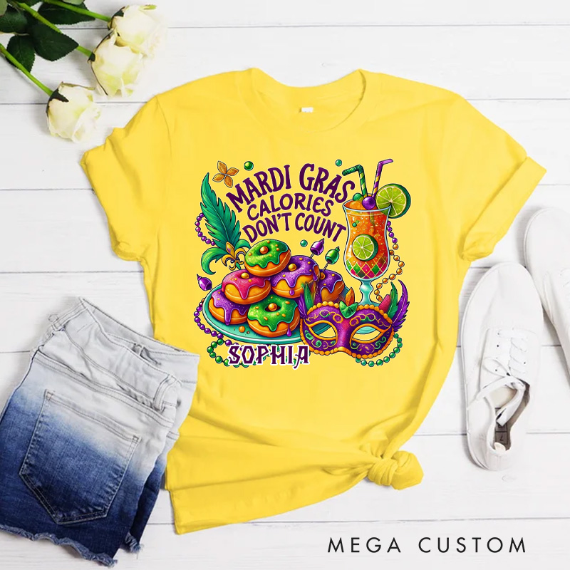 Personalized Mardi Gras Calories Don't Count Classic T-shirts Donut Shirt with Name Mardi Mask Bead Shirt Gift for Women Her