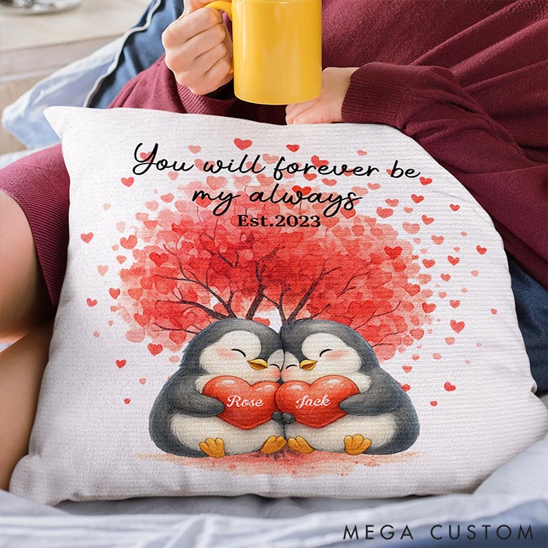 Personalized Love Tree Penguin Couple Soft Throw Pillow Custom Name Year Home Pillow Valentine's Day gift for Couple Romantics Gift for Him Her