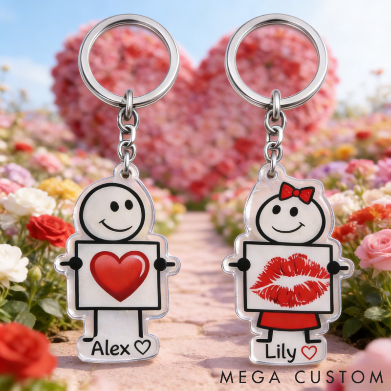 Personalized Minimalist Stick Figures Couple Keychain Custom Names Expressing Love Symbolic Holiday Gift for Couples