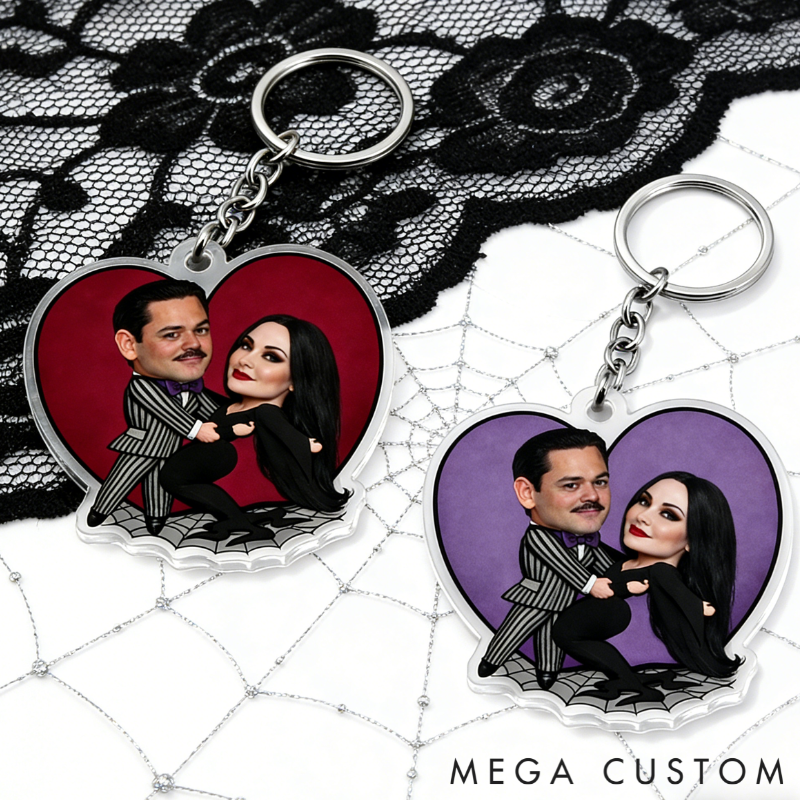 Personalized Gothic Cartoon Hearts Background Keychain Custom Photo Playfully Dark Holiday Gift
