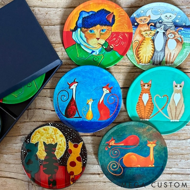 Personalized Cat Lover Whimsical Cat Illustration Decorative Coasters Gift For Pet Lover For Cat Lover Coasters