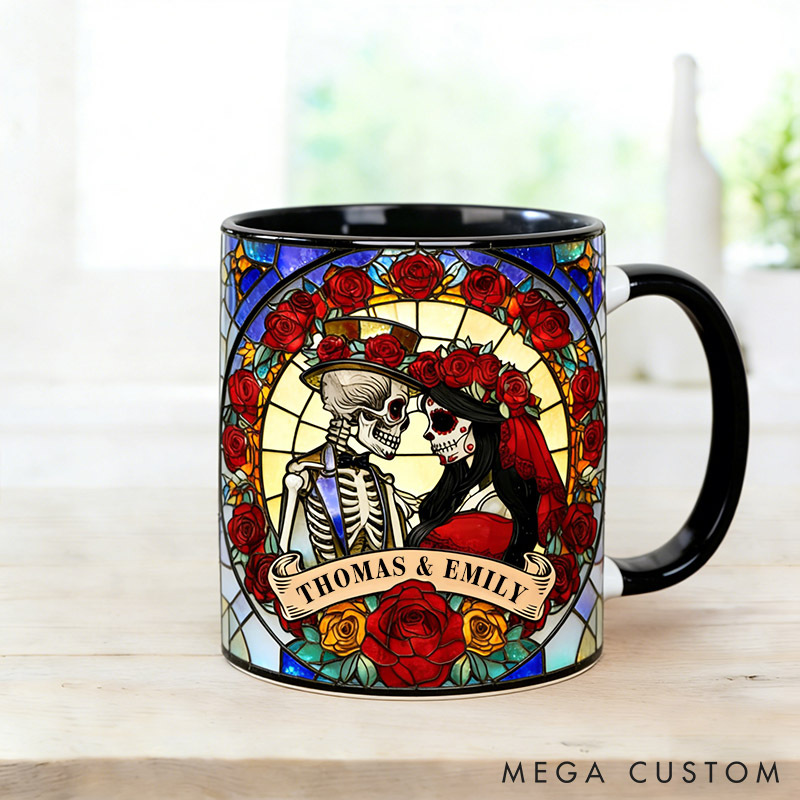 Personalized Skeleton Couple Mug 3D Effect Stained Glass Design Graphic Mug Couple Skeleton Coffee Cup for Husband Wife Boyfriend Girlfriend
