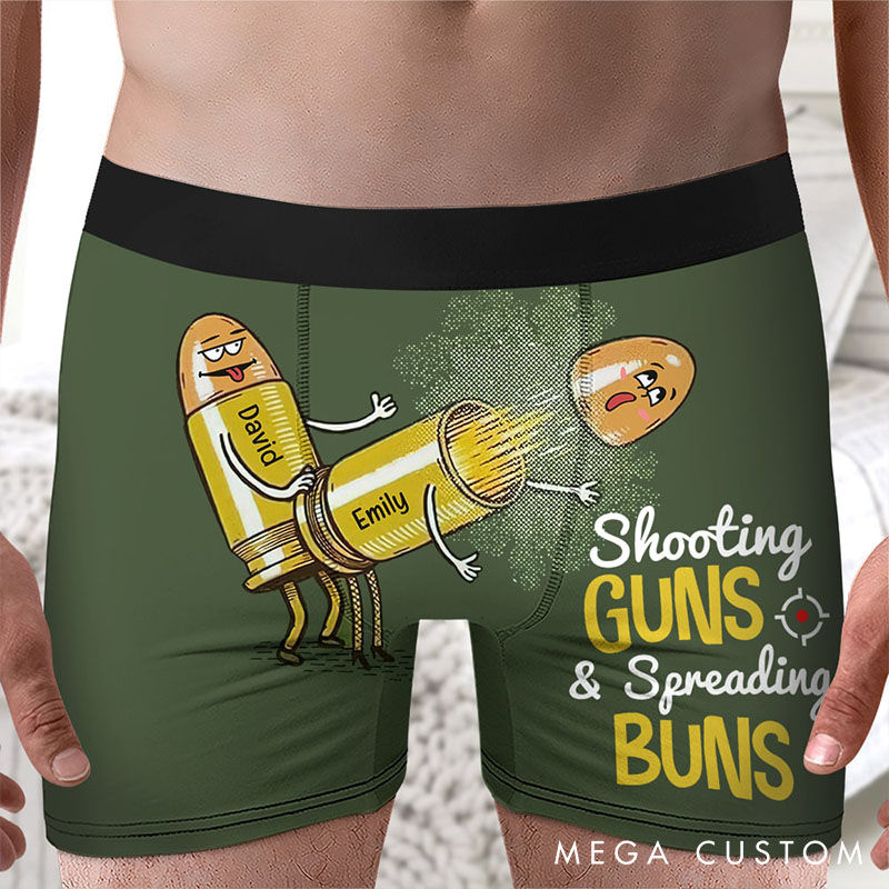 Personalized Man Shooting Guns & Spreading Buns Boxer Brief Custom Men Bullet Pattern Underwear with Name Valentines Day Gift for Boyfriend Husband