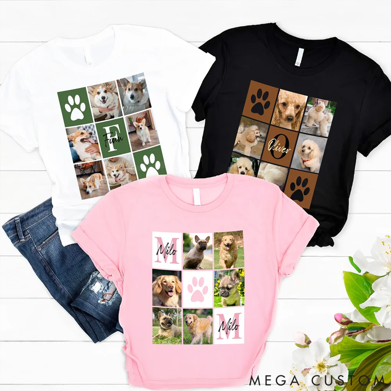Personalized Pet Lover Paw Print Pet Photos with Names and Initials Birthday Gift for Pet Lovers Owners T-Shirt