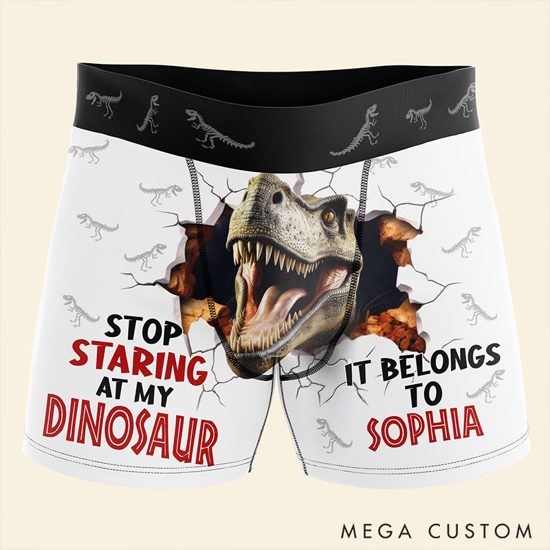 Personalized Man Stop Staring at My Dinosaur It Belongs to Her Boxer Brief Custom Men Underwear with Name Valentines Day Gift for Boyfriend Husband